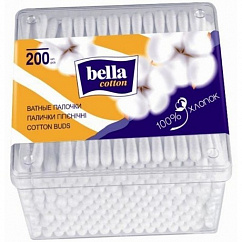 Ватные палочки BELLA COTTON №200 (пласт. квадрат. короб.)
