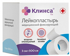 Лейкопластырь КЛИНСА фиксир. 3 х 500см (ткан. основа) белый 